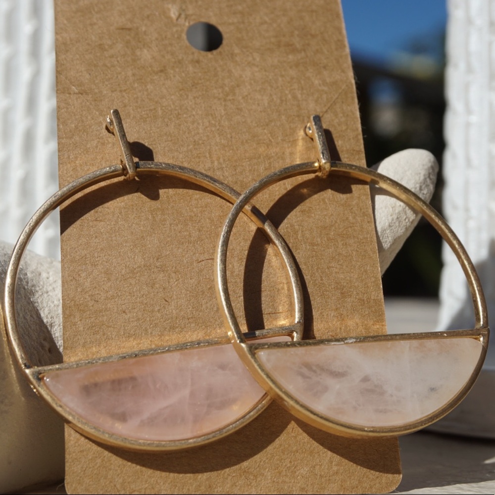 Round Gold Plated+ Rose Quartz Earrings